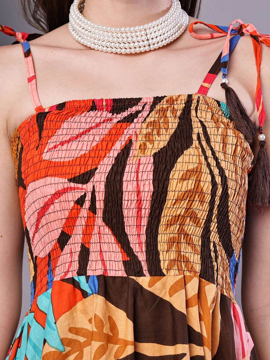 Women's MultiColor Abstract Print Cotton Handkerchief Hem Dress Midi Dresses - Image 5